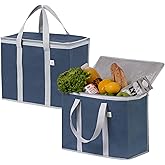 VENO 2 Pack Cooler Bag and Insulated Grocery Bags for Food Delivery, Collapsible Cooler, Reusable Shopping Bags for Groceries with Zipper, Foldable, Heavy-Duty, Stands Upright (Dark Blue, 2 Pack)