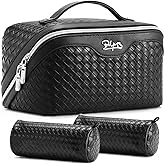 BOYATU Travel Makeup Bags for Women: 3 Pcs Large Make up Bags Set - Vegan Leather Cosmetic Bag for Traveling - Waterproof Toiletry Organizer (L05 Black)