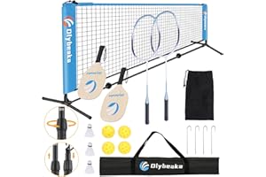 OLYBEAKA All-in-one Portable Badminton & Pickleball Net Set for Backyard Beach Driveway with Height Adjustable Poles, Durable Net, 2 Aluminum Badminton Rackets + 2 Pickleball Paddles