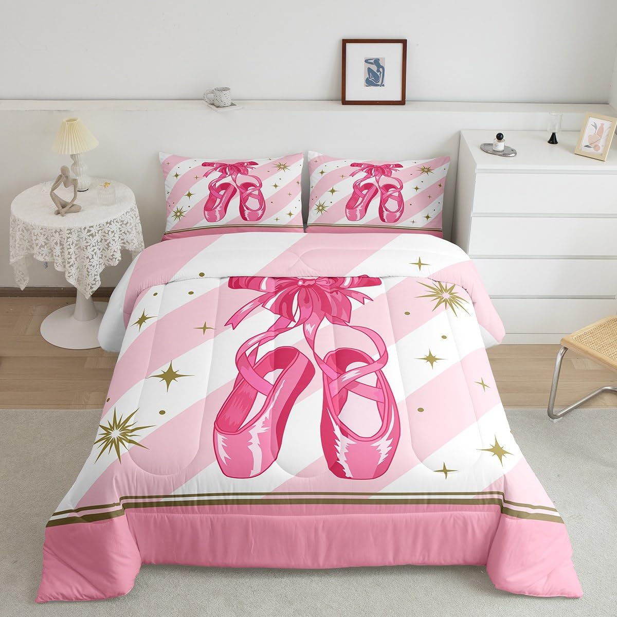 Ballet Shoes Comforter Set,Dance Art Bedding Set for Kids Girls Women,Adults Ballet Theme Comforter,Pink Girl Style Quilted Duvet Set Bedroom Collection Single Size 2Pcs
