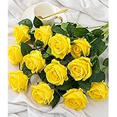 Hawesome 12PCS Artificial Flowers Fake Roses, Realistic Velvet Long Stem Red Roses Bouquet for Wedding Centerpiece Home Decor Party & Valentines (Yellow)