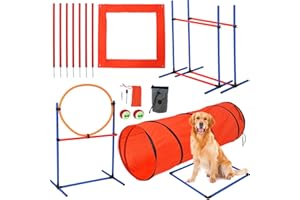 Hipicute Dog Agile Training Equipment Set Outdoor Indoor,70" Tunnel + Tire Jump + Hurdle Jump, Weave Poles, Pause Box, 2 Toy Balls, 1 Whistle, Carry Bag, Premium Dog Obstacle Course Kit