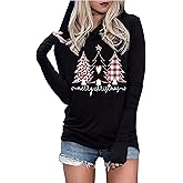 LYEIAO Merry Christmas Hoodie for Women Xmas Shirt Buffalo Plaid Christmas Tree Long Sleeve Graphic Hoodie Pullover Tops
