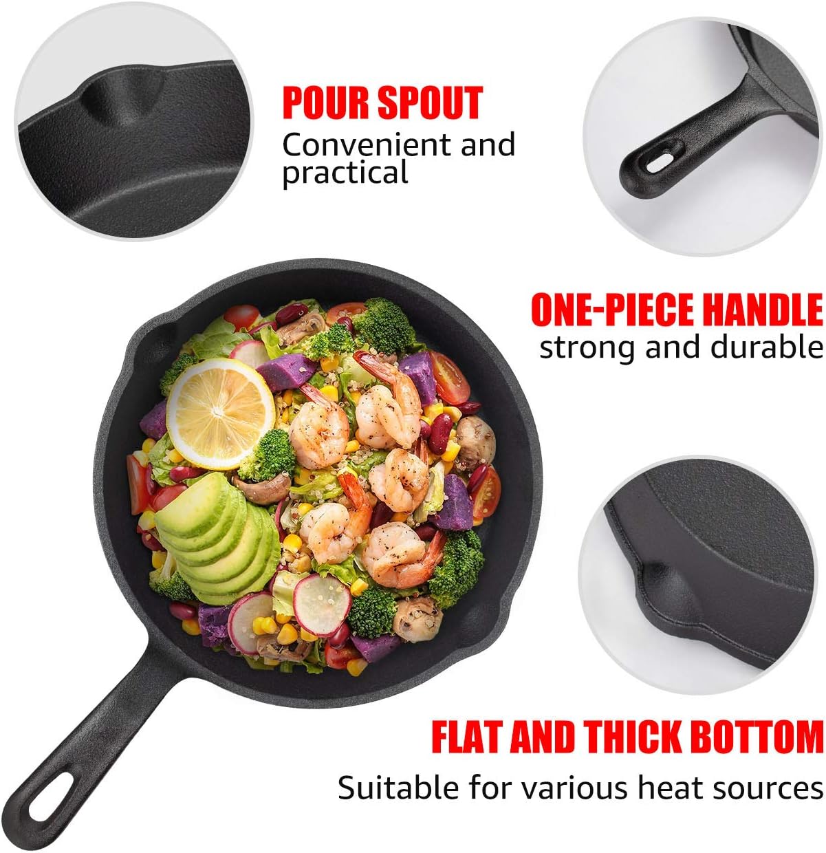 OVERMONT Pre-Seasoned Cast Iron Skillet Set, 3-Piece Frying Pans (6"-15cm, 8"-20cm, 10"-25cm), Oven Safe - Image 4
