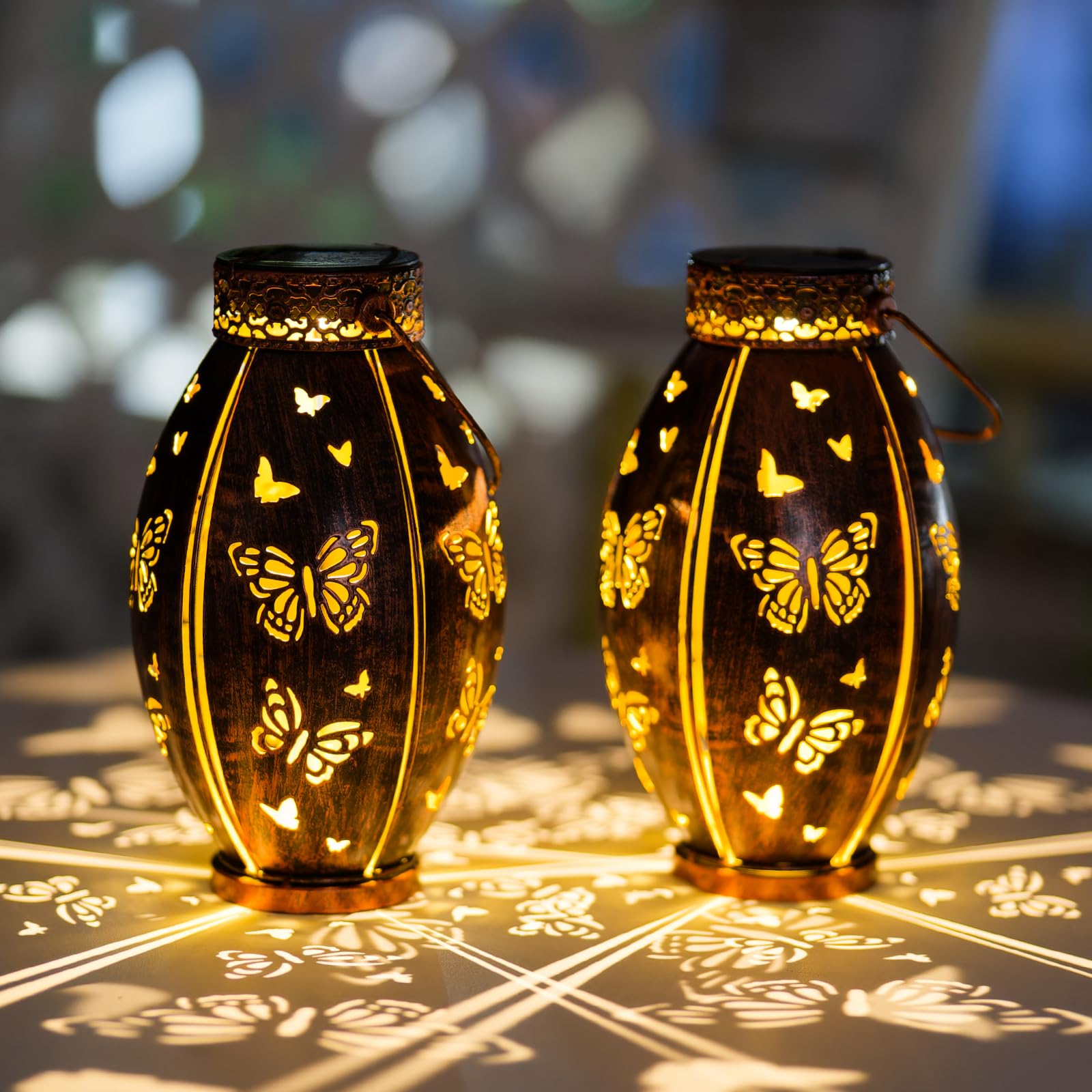Photo 1 of SUNNYGARDEN 2 Pack Outdoor Solar Lanterns Waterproof Butterfly Decorative Hanging Solar Lantern Lights for Outside Patio Tableto Garden Yard Lawn Decor, Gifts for Mom Grandma Woman