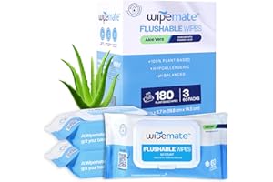 Wipemate ULTRA Flushable Butt Wipes, Soothing Vitamin E & Aloe, 99% Water, Aloe Vera Scent Premium Super Soft Hygiene Wipes, Septic & Sewer Safe, 3 Premium Flip-Top Packs (180ct)