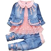 Peacolate 6M-4Years Spring Fall Baby Girls Clothing Set 3pcs Long Sleeve Dress Denim Jacket and Jeans