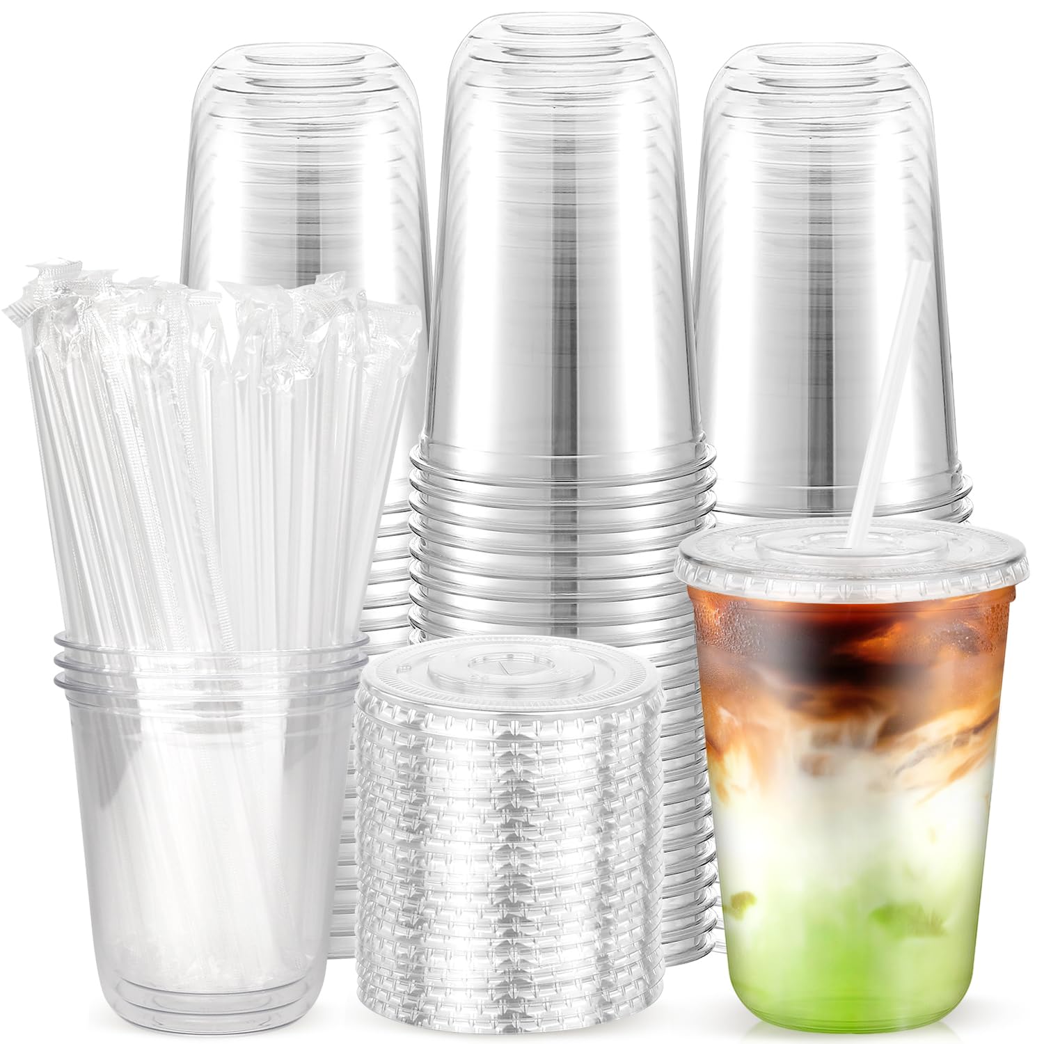 Photo 1 of 100PCS 14 oz Disposable Plastic Cups with Flat Lids and Clear Straws, Round Bottom To Go Iced Coffee Cups, BPA Free Holiday Cups for Smoothies, Cold Drinks, Coffee Shop, Juice Bars, Christmas Party