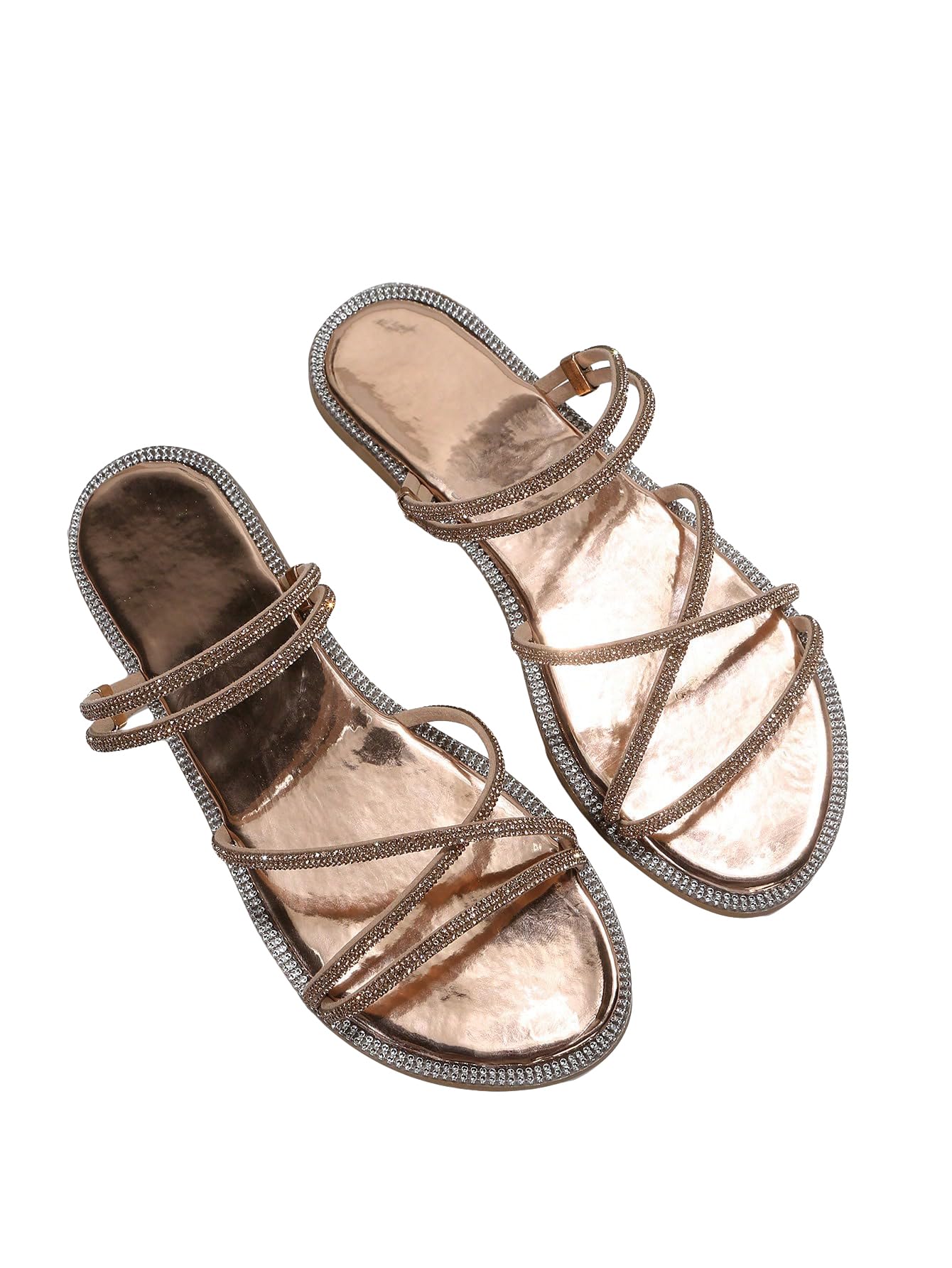 Photo 1 of OYOANGLE Women's Rhinestone Strappy Open Toe Slide Sandals Slip on Casual Flat Sandals Champagne Brown 6.5