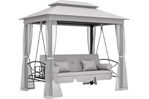 Outsunny 3 Person Outdoor Patio Daybed, 3 in 1 Canopy Gazebo Swing Chair Garden Hammock with Sun Shade, Mesh Mosquito and Net