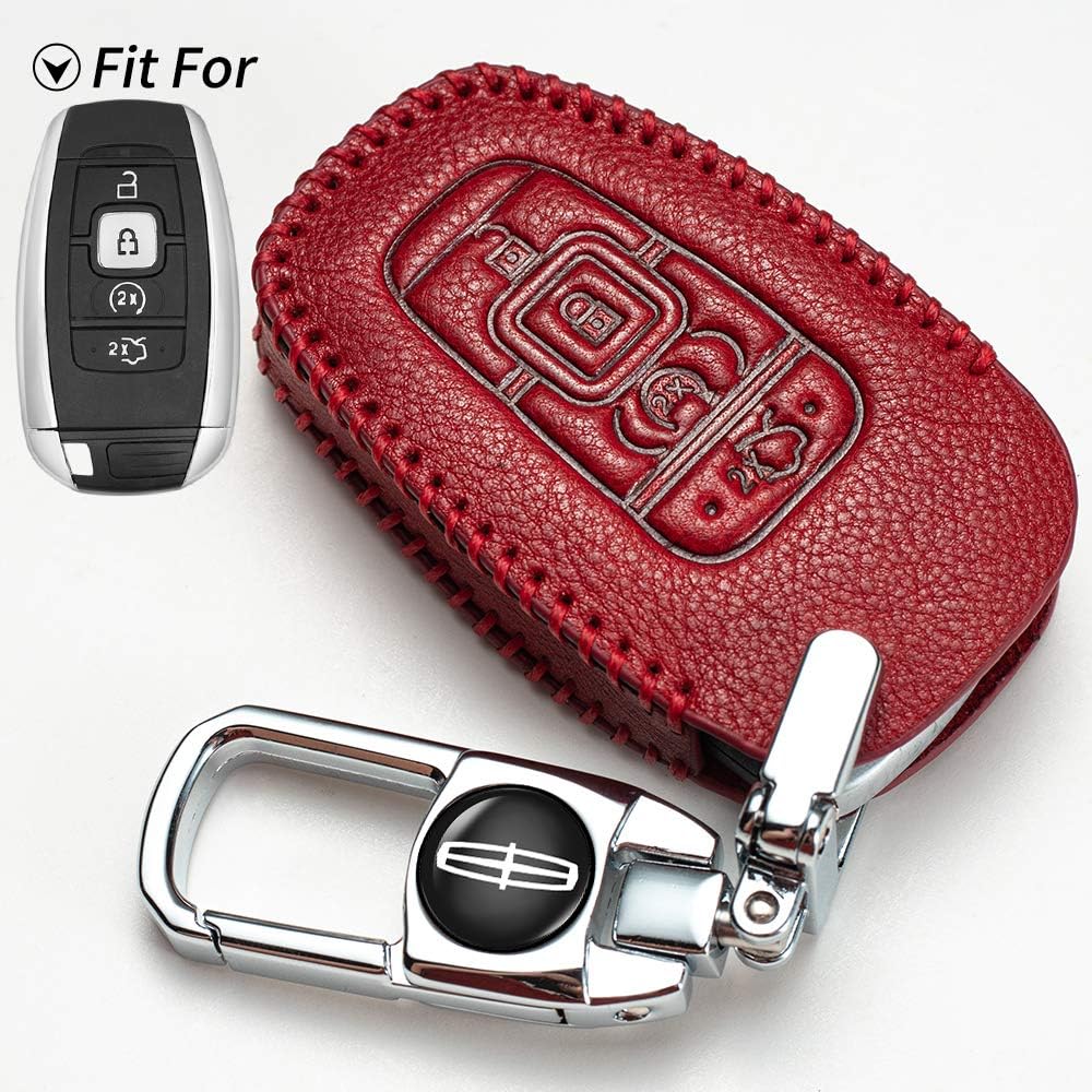BBBB Car Key Cover Suit for Lincoln Genuine Leather Keyless Smart Key Fob Case Cover Protector with Leather Key Chain for 2017-2019 Lincoln Continental, MKC, MKZ, MKX, Navigator, Key fob case