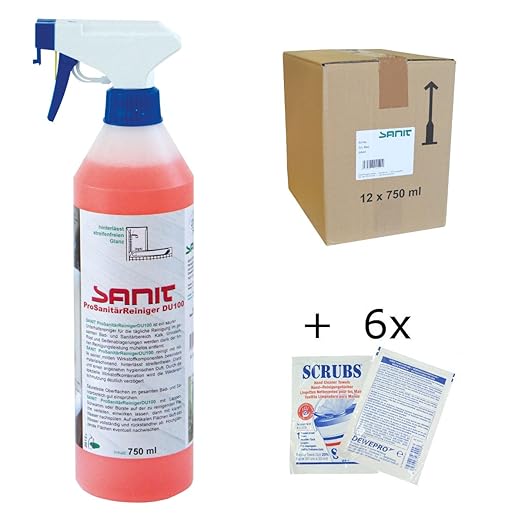 SANIT - ProSanitärReiniger DU100 - VPE: 12 Flaschen a' 750ml - im Set inkl. 6 St. DEWEPRO® Single Scrubs