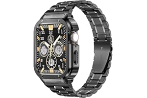 MioHHR Apple Watch Series 9/8/7(45mm) Stainless Steel Rugged Strap with Metal Protective Bumper Cover for iWatch Band Men Black Case Compatible