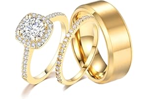 AHLOE JEWELRY CEJUG 1.5Ct Cz Wedding Ring Sets for Him and Her Womens Mens Titanium Stainless Steel Rings Bands 18k Gold Couple Rings