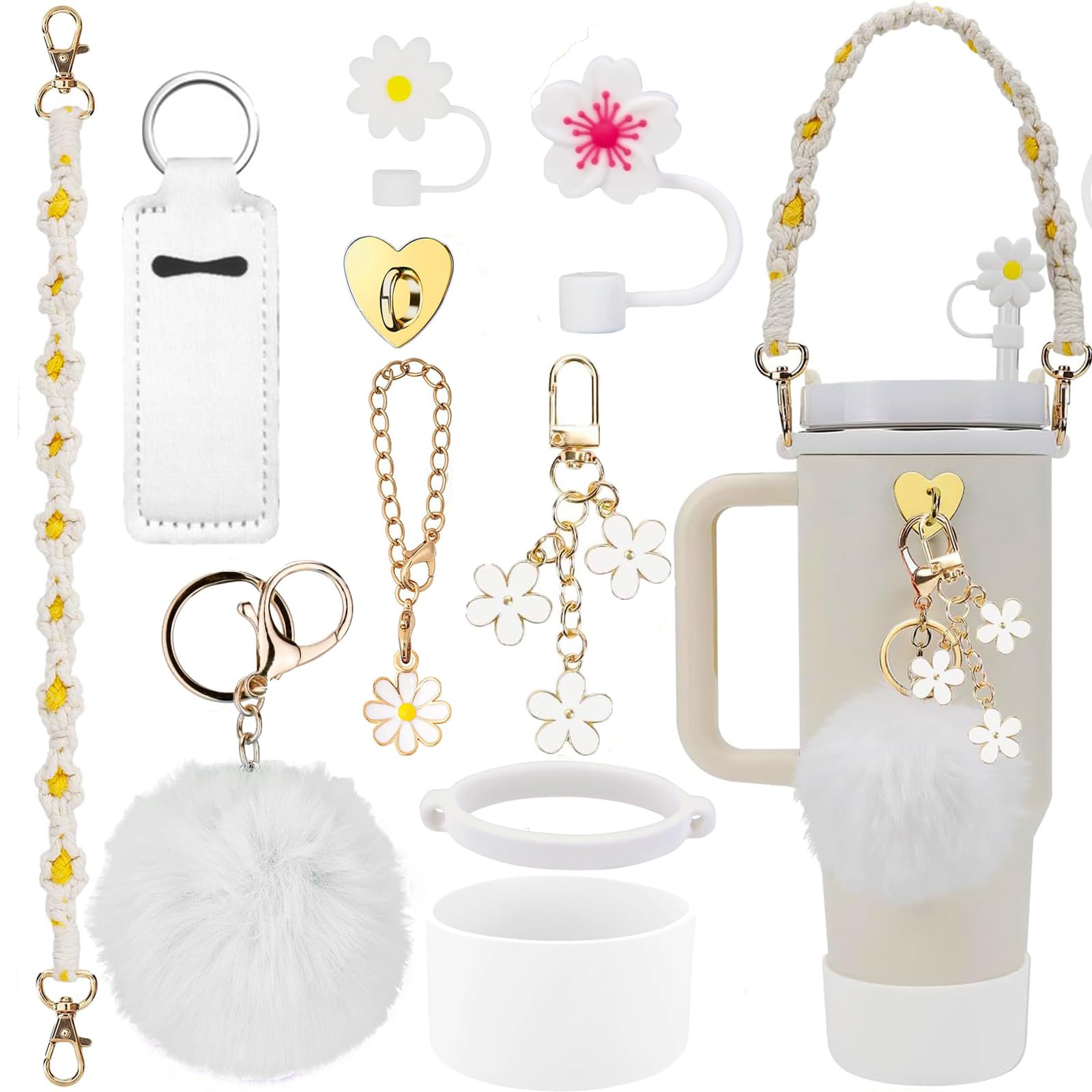 Stanley Cup Accessories Set, 10PCS Decor Includes Straw Cover, Water Bottle Handle Strap, Silicone Boot, Charms for 40oz & 30oz Tumbler, White