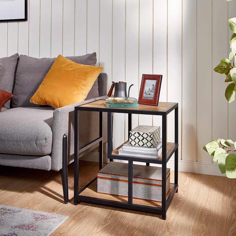Linsy Home Industrial Side Table, 3-Tier End Table with Storage Shelf, Wood Look with Metal Frame, LS209J1-A: Kitchen & Dining