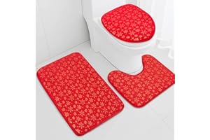 Claswcalor Christmas Bathroom Rugs Sets 3 Piece with Non-Slip Rug, Toilet Lid Cover and Bath Mat, Red Gold Snowflake Bathroom Rugs and Mats Sets, Non Slip Bath Rugs for Bathroom