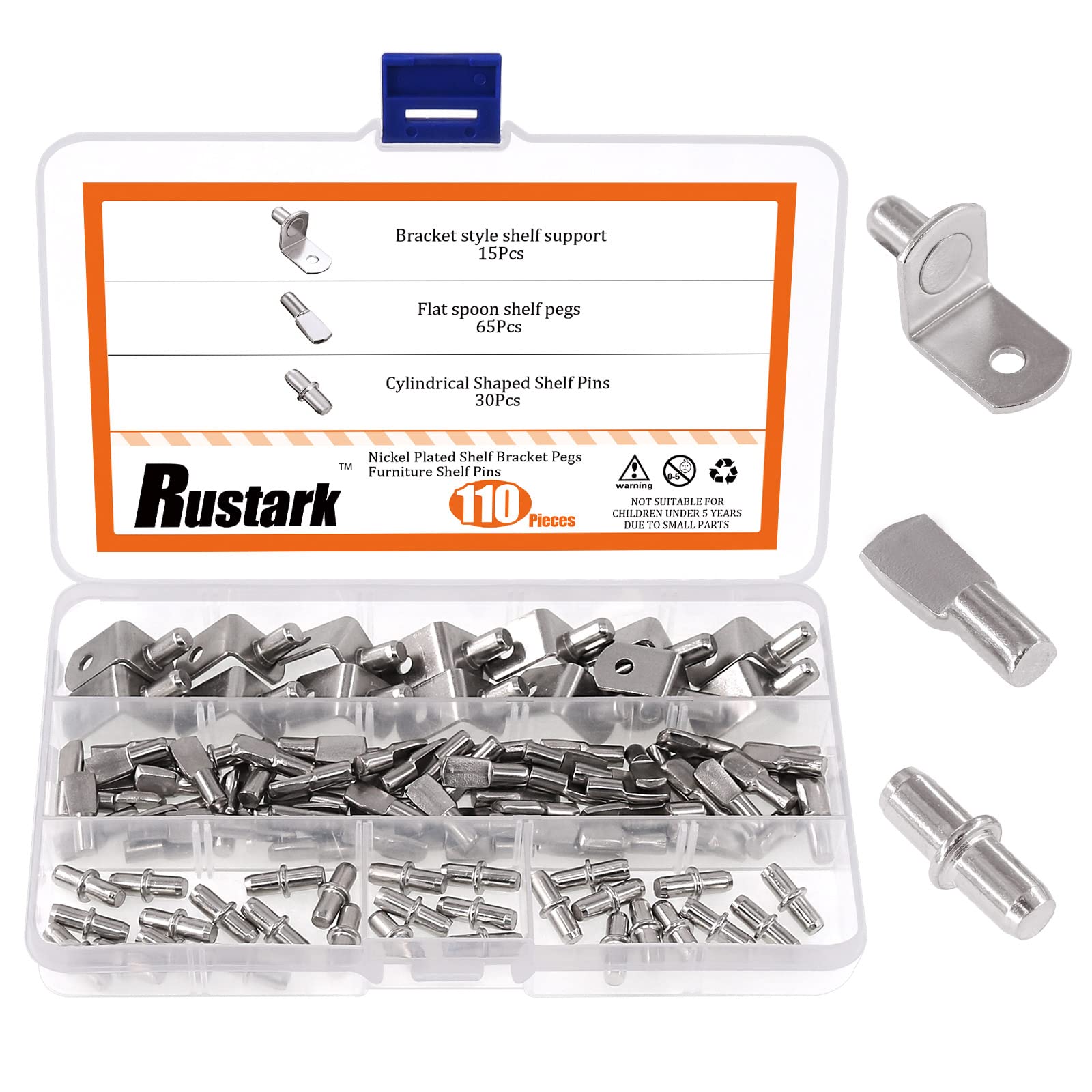 Rustark 110 Pcs 3 Styles Nickel Plated Shelf Pins Bracket Peg Cabinet Furniture Shelf Pins Support Assortment Kit Perfect for Shelf Holes