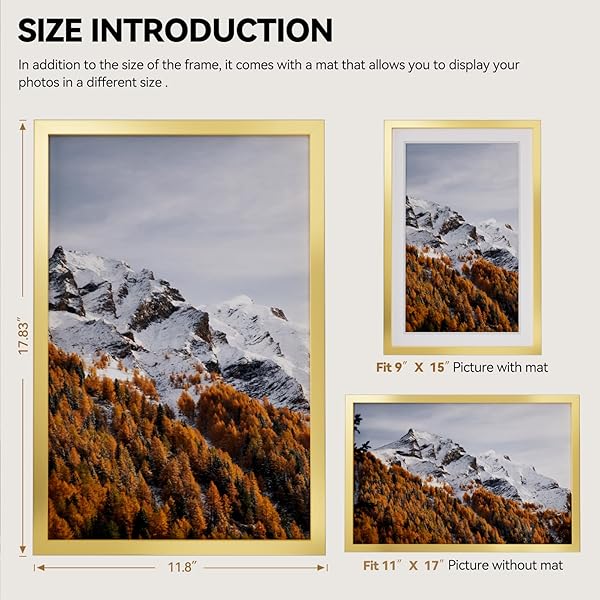 HAPPYHAPI 11X17 PICTURE FRAME GOLD, GOLD PICTURE FRAMES DISPLAY PHOTOS 9X15 WITH MAT OR 11X17 WITHOUT MAT, 1 PACK PLASTIC FRAME FOR WALL FOR HOME DECOR