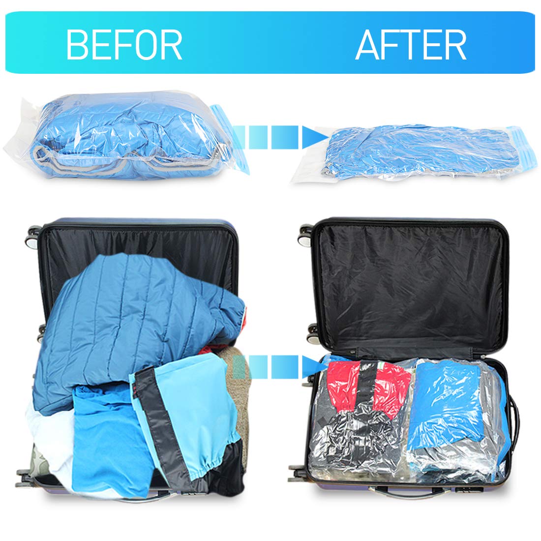 WOSTOO Travel Space Saver Bags 12 Pack - 4*Small + 4*Medium + 4*Large - Hand Roll Up Reusable Vacuum Storage Bags for Clothing, Organizing, Luggage, and Suitcase (No Vacuum or Pump Needed)