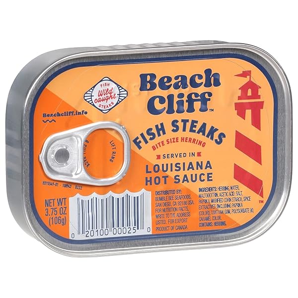 BEACH CLIFF WILD CAUGHT HERRING FISH STEAKS IN LOUISIANA HOT SAUCE, 3.75 OZ CAN – 14G PROTEIN PER SERVING