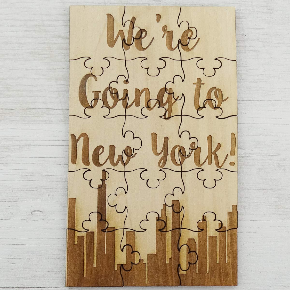 We're Going to New York - 15 Piece Basswood Jigsaw Puzzle, Surprise Vacation NY Trip Reveal