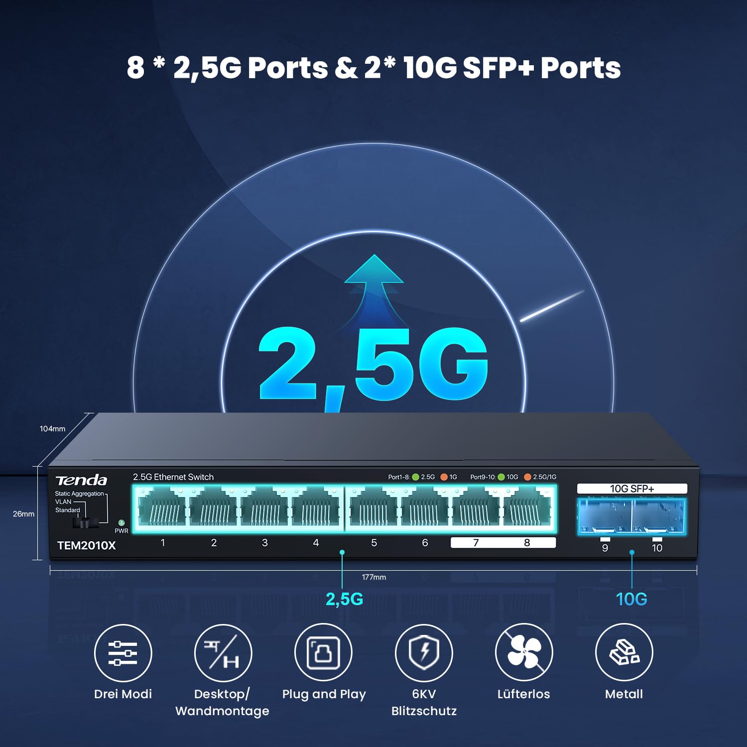 Tenda 2.5 Gbit Switch mit 8X 2.5G Ports & 2X 10G SFP+ Ports (VLAN, Statische Aggregation, Lüfterlos, Plug & Play, Desktop-/Wandmontage, Unmanaged, Metallgehäuse) (TEM2010X) 2