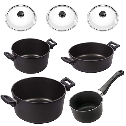 Eurolux Topfset antihaft Aluguss 7-teilig Bratentopf Kochtöpfe Stieltopf (Griff abnehmbar) PFOA frei inkl. Glasdeckel