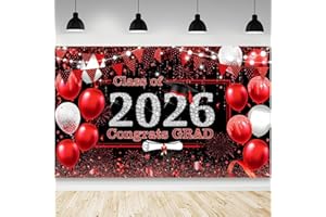 AIBIIN Red Graduation Backdrop Red and Black Graduation Decorations 2026 Congrats Grad Banner Congratulation Graduate Class o