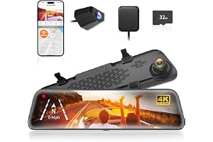 WOLFBOX G840S 12" 4K Mirror Dash Cam Backup Camera, 5.8GHz WiFi Smart Rearview Mirror for Cars & Trucks, Front and Rear View Dual Cameras, Night Vision, Parking Assistance, Included 32GB Card & GPS