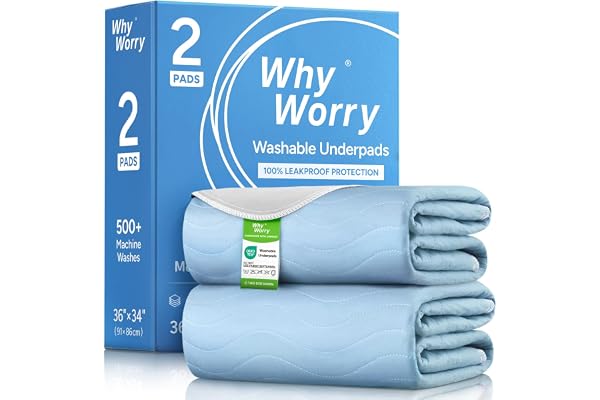 WhyWorry Washable Bed Pads for Adult Incontinence, 34"x36", Blue, 2 Count | Pee Pads for Bed Wetting, Reusable Underpads for