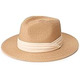DRESHOW Women Straw Panama Hat Travel Fedora Beach Sun Hat Summer Wide Brim Straw Roll up Hats UPF 50+