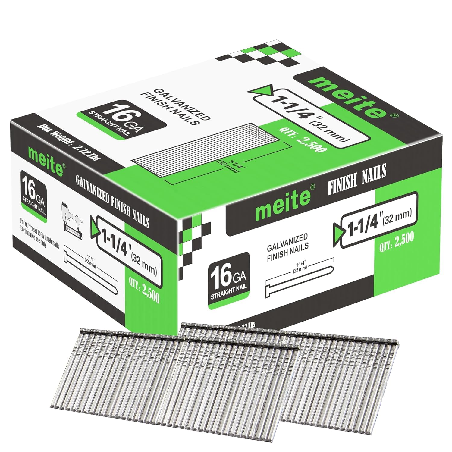 meite T32 16 Gauge Finish Nails, 32 mm 16GA Straight Finish Nails Galvanized Finishing Nail for Nailer Guns - Ideal for Woodworking, Upholstery, and Framing Projects (2,500 Counts)