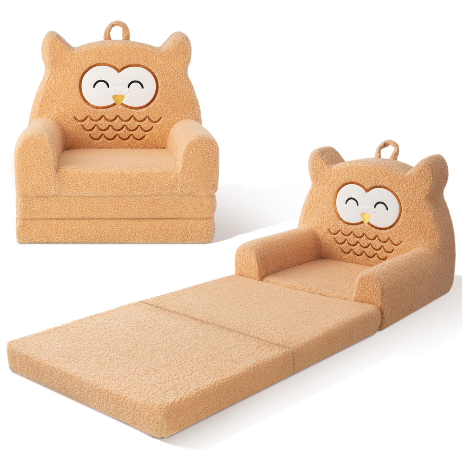 Photo 1 of Tivellary Toddler Couch, 3-Fold Convertible Kids Couch with Cute Owl Design, Fold Out Toddler Chair for 1-3 Years Old, Soft Baby Sofa Bed for Playroom, Washable Cover