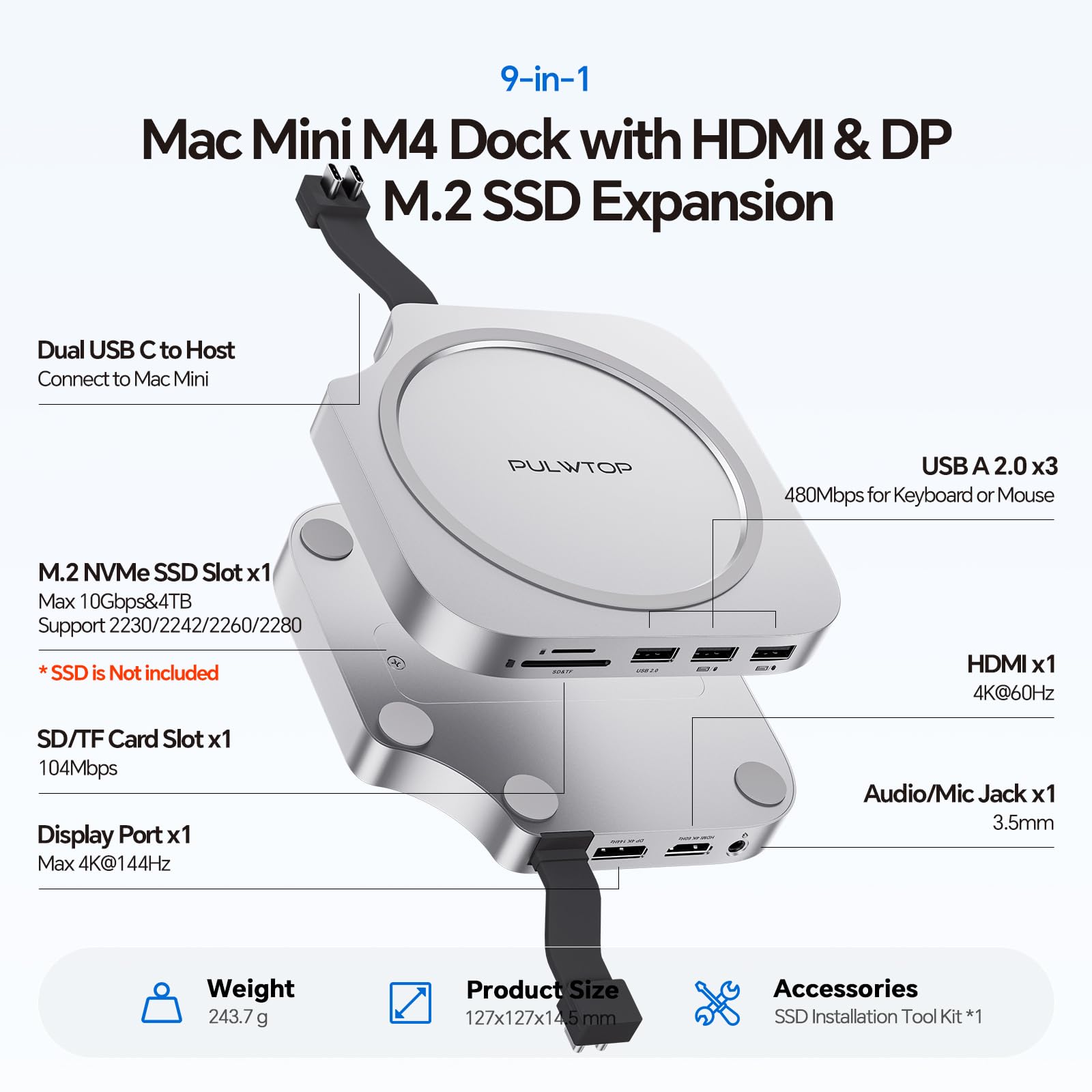 PULWTOP Mac mini M4 Dock & Ständer mit 2 Monitore DP 4K144Hz & HDMI 4K60Hz 2