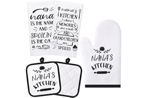 Gandeer 5 Pieces Nana Kitchen Set Includes 2 Pieces Nana Dish Towels 2 Pieces Nana Oven Pads Pot Holder Nana Oven Mitt Nana Gift for Home Birthday Kitchen Cooking Baking (Nana Style)