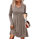 OFEEFAN Long Sleeve Sweater Dress Fall Dresses 2025 V Neck Empire Waist Baby Doll Dresses Women Casual Dress with Pockets