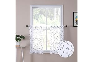 Tollpiz Leaves Short Sheer Tier Curtains Grey Leaf Embroidery Kitchen Half Curtain Rod Pocket Voile Faux Linen Embroidered Leaves Curtains for Bathroom, 30 x 24 inches Long, Set of 2 Panels