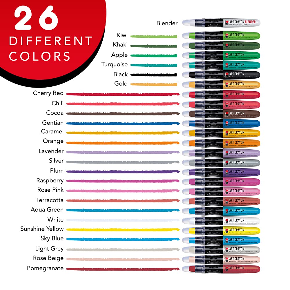 Marabu Watercolor Crayons Set - 26 Buttery Smooth Art Crayons - Ignite Your Imagination with Vivid, Water Soluble Crayons for Mixed Media Journals & Watercolor Paper