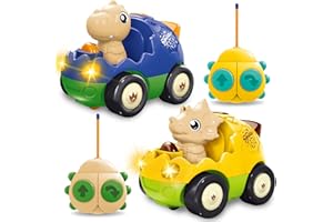 Hiitytin Dino RC Cars for Toddlers, 2 Pack Toddler Remote Control Car with LED Lights & Music, Dinosaur Remote Control Car Toys Birthday Gifts for Kids 2 3 4 5 Years Old