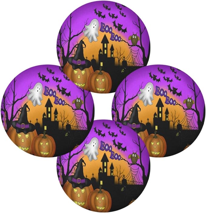 Halloween Pumpkin Gost Round Placemats Set of 4 Table Placemats Owl Bat Castle Place