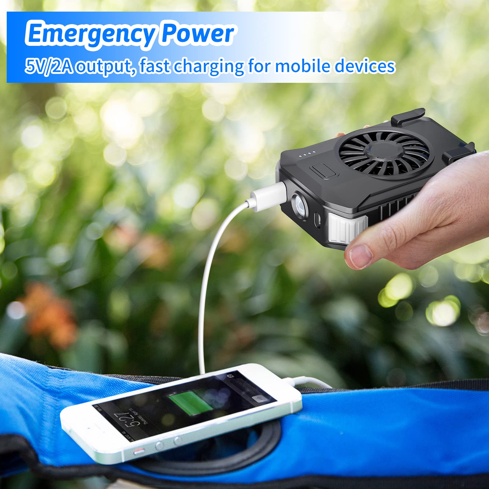10000mAh Portable Waist Fan with Charger & Flashlight - 3-Speed Strong Airflow, Shirt Fan Clip-On Belt for Outdoor Work, Construction, Hiking, Cooling (Black)
