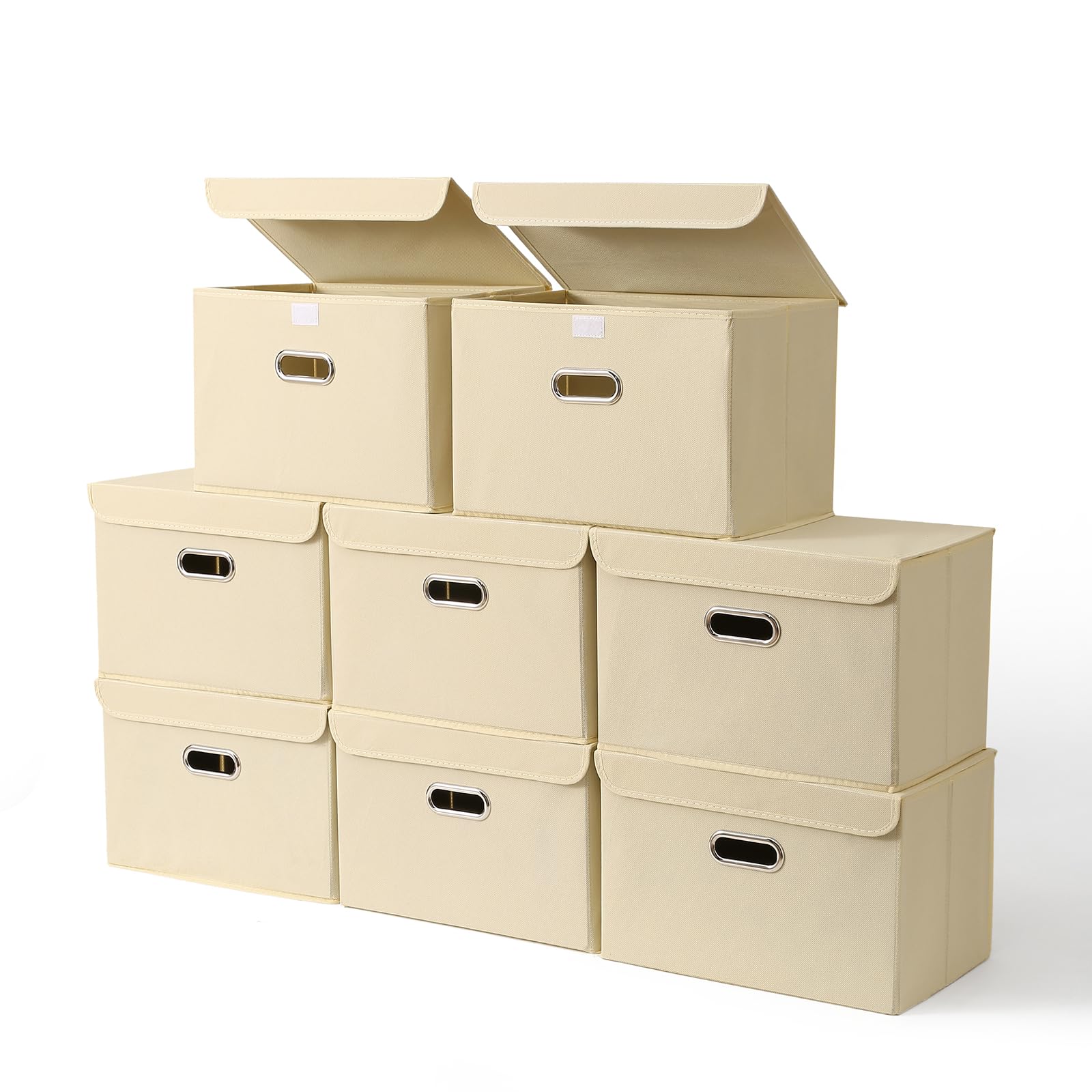 STOREONE Fabric Storage Cube Bins Foldable Organizer Container Collapsible Basket with Lids and Metal Handles, for Home, Bedroom, Closet 8 Pcs (Creamy-White)