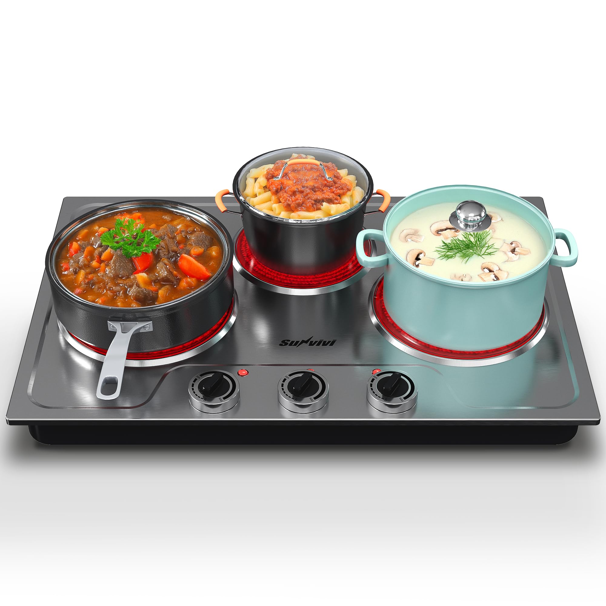 Sunvivipro 1800W Three-burner Portable Electric Ceramic Cooker with Knob Control, Indicator Light, Universal Cookware Compatibility for Multiple Cooking Applications, Silver