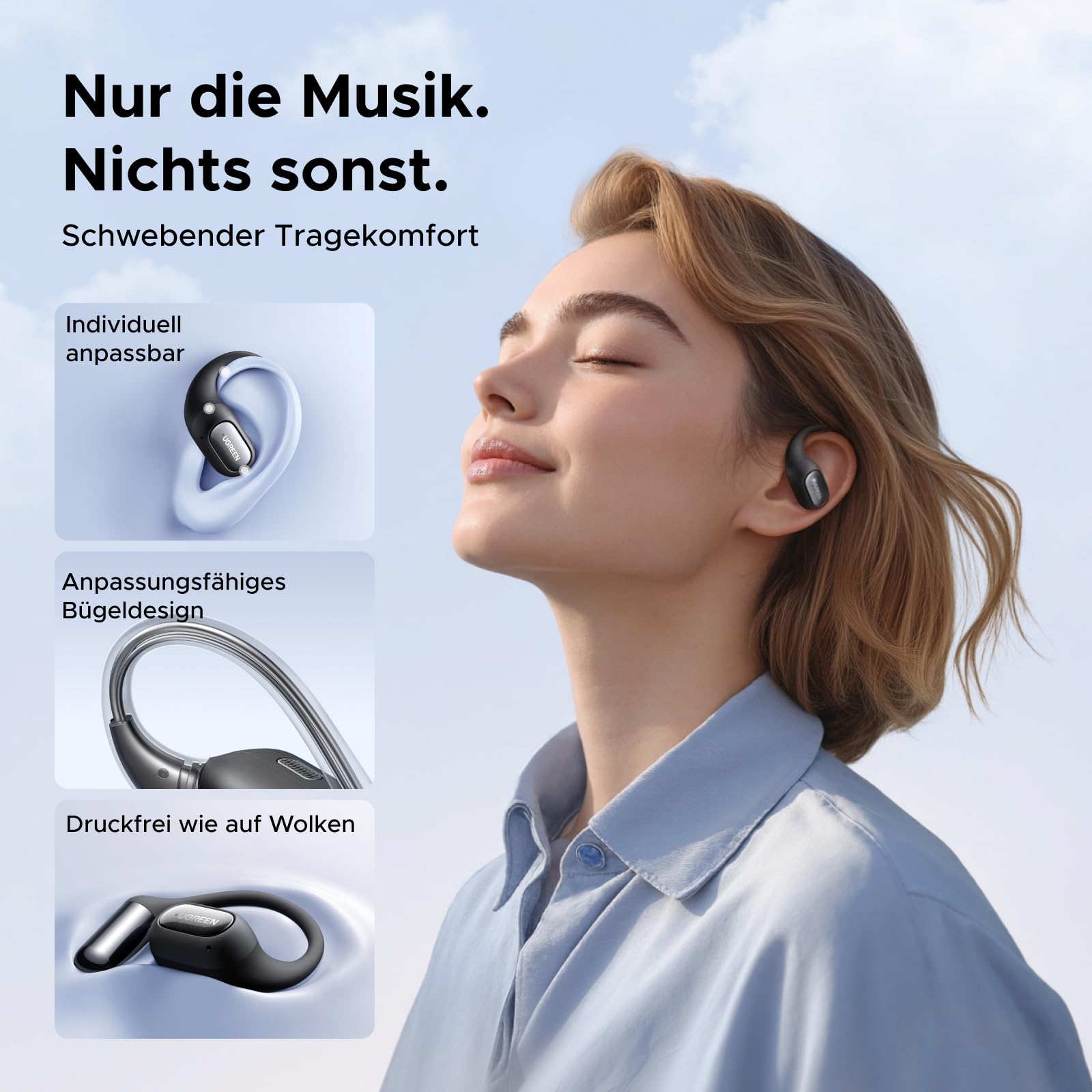UGREEN FitBuds 2 Open Ear Kopfhörer, Bluetooth Kopfhörer Sport, Bluetooth 6.0, 28 Std. Spielzeit, IPX5, 4-Mikrofon AI Lärmreduzierung, App-Steuerung, Raumklang, Doppelverbindung, für Sport & Alltag 2