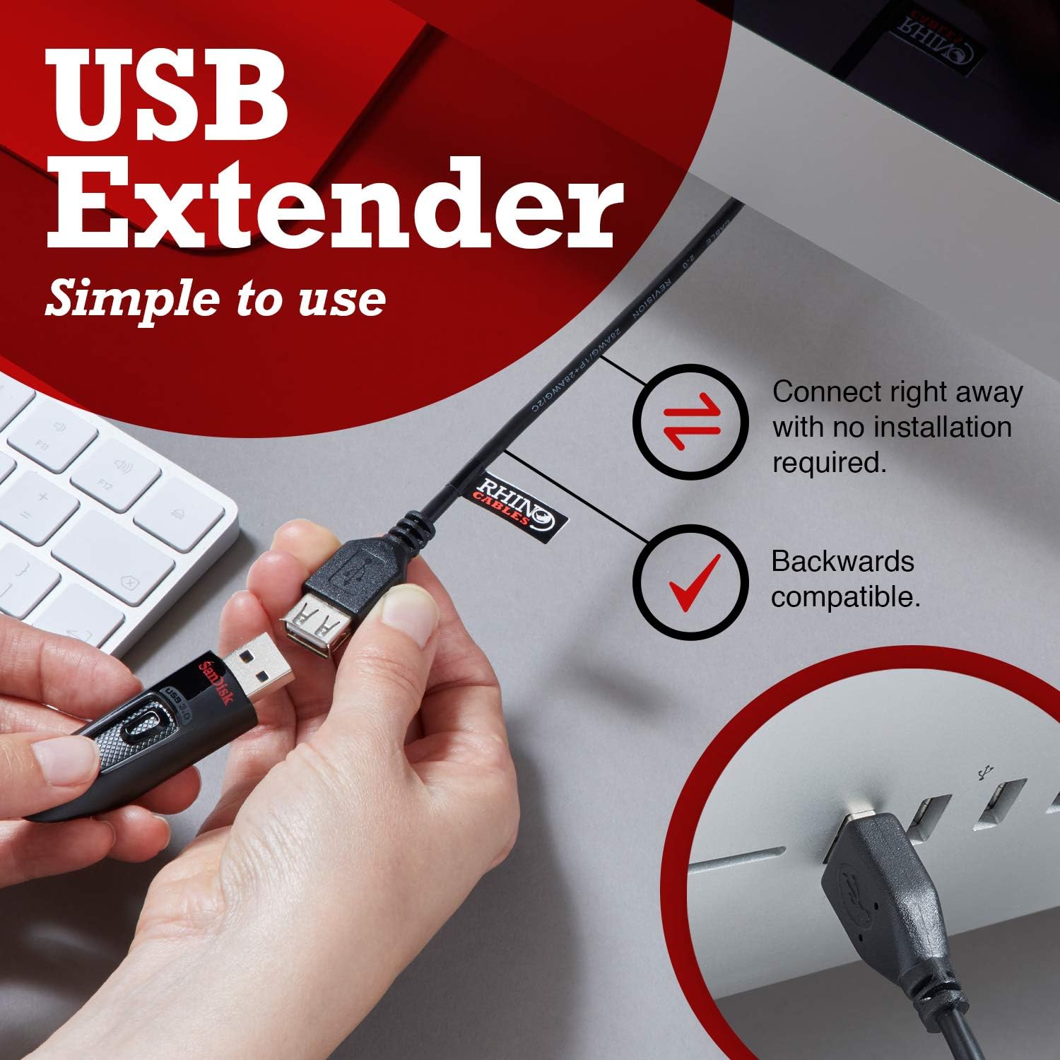 rhinocables USB 2.0 A-A Extension Cable, black, 0.25m (25cm) - Image 3