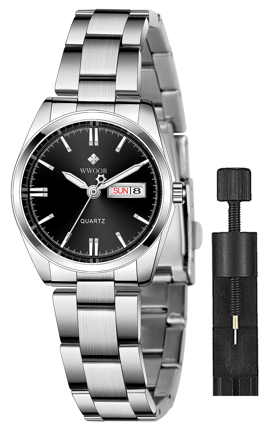 Women's Silver Stainless Steel Band Wrist Watches Fashion Quartz Analog Watch Ladies Dress Watch, Black,