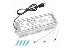 YGS-TECH 300 Watts LED Driver Waterproof IP67 12V Power Supply, AC 90-140V to DC 12V 25A Low Voltage Output with 3-Prong Plug 3.28ft Cable for LED Lights, Computer Project, Outdoor Use