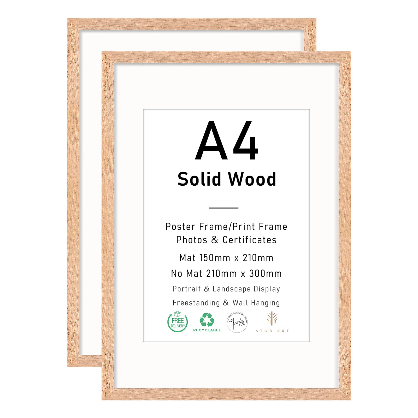 A4 Certificate Picture Frame, OAK Wood Photo Frame with mount for 15x21 cm print, Poster Frame with plexiglass for Wall Mount Display, 21x30 cm, Set of 2 — image 1