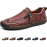 MDIOEP Men's Leather Handmade Slip On Flat Loafers Retro Side Zipper Comfortable Breathable Round Toe Non-Slip Walking Shoes Casual Driving Daily Business Sneakers